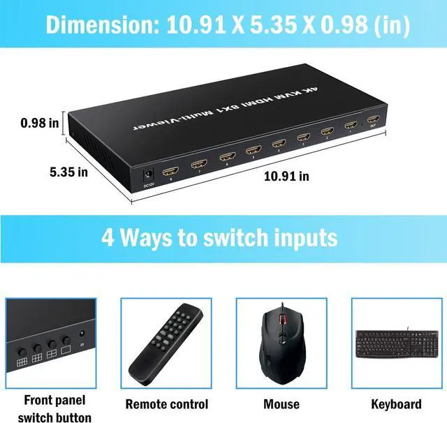 Alt view image 6 of 7 - HDMI MultiViewer 8x1 with KVM Function, 4K@30Hz HDMI Quad MultiViewer Share 8 Computers simultaneously, Allowing Them to Share a Set of Keyboard and Mouse simultaneously, with IR Remote Control