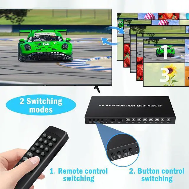 Alt view image 5 of 7 - HDMI MultiViewer 8x1 with KVM Function, 4K@30Hz HDMI Quad MultiViewer Share 8 Computers simultaneously, Allowing Them to Share a Set of Keyboard and Mouse simultaneously, with IR Remote Control