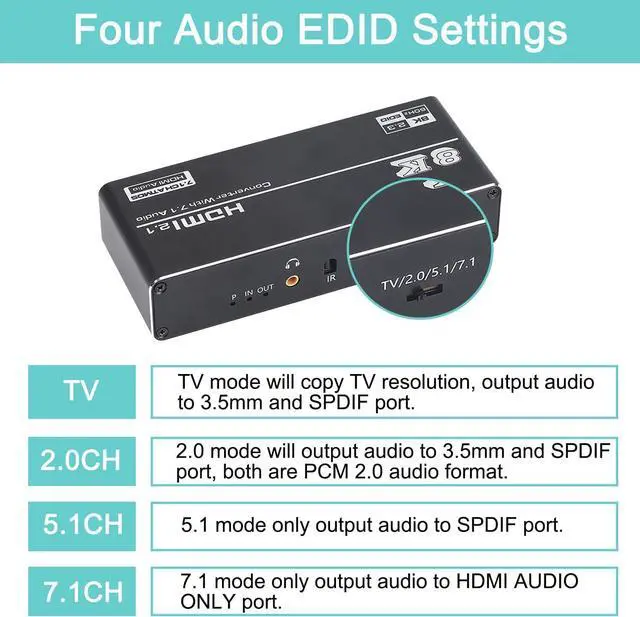 Alt view image 4 of 7 - 8K HDMI Audio Extractor Splitter, Supports 120Hz 4K, 60Hz 8K, HDMI 2.1, HDR, VRR, HDCP2.3 - Convert Audio to HDMI, Coaxial, 7.1Ch, Optical, 3.5mm and Coaxial