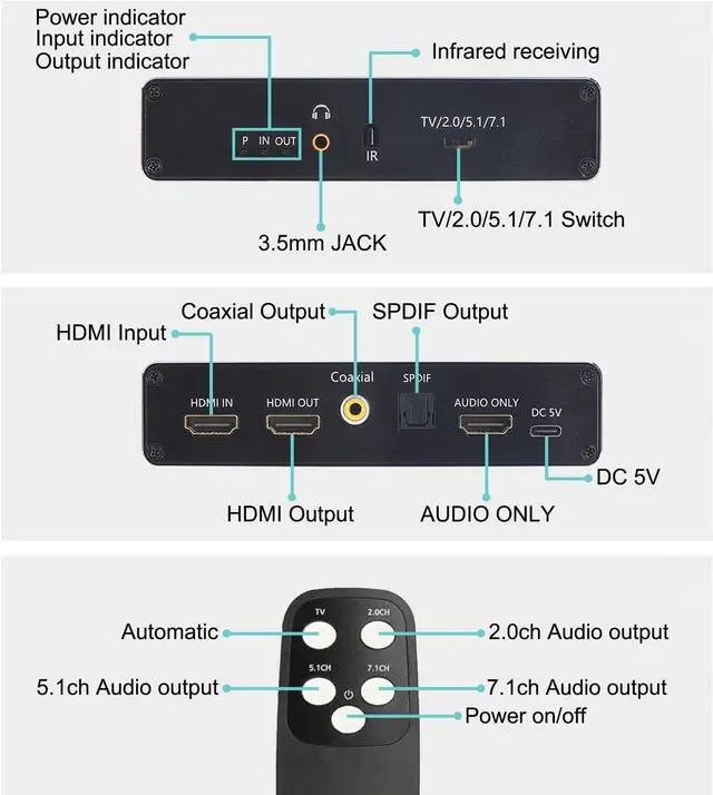 Alt view image 5 of 7 - 8K HDMI Audio Extractor Splitter, Supports 120Hz 4K, 60Hz 8K, HDMI 2.1, HDR, VRR, HDCP2.3 - Convert Audio to HDMI, Coaxial, 7.1Ch, Optical, 3.5mm and Coaxial