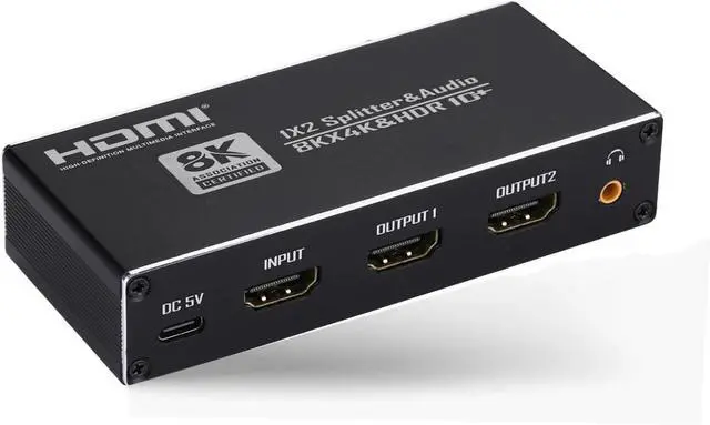 Main image of 8K HDMI Splitter 1 in 2 Out, HDMI 2.1 Splitter with 3.5mm Audio Jack + Coaxial + Optical Toslink SPDIF for Dual Monitors Duplicate/Mirror Only, Support 8K@60Hz, HDR10+, Three Audio EDlD Settings