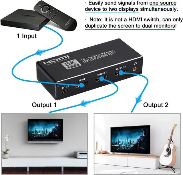 Alt view image 3 of 7 - 8K HDMI Splitter 1 in 2 Out, HDMI 2.1 Splitter with 3.5mm Audio Jack + Coaxial + Optical Toslink SPDIF for Dual Monitors Duplicate/Mirror Only, Support 8K@60Hz, HDR10+, Three Audio EDlD Settings