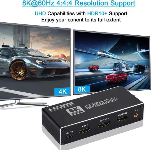 Alt view image 5 of 7 - 8K HDMI Splitter 1 in 2 Out, HDMI 2.1 Splitter with 3.5mm Audio Jack + Coaxial + Optical Toslink SPDIF for Dual Monitors Duplicate/Mirror Only, Support 8K@60Hz, HDR10+, Three Audio EDlD Settings