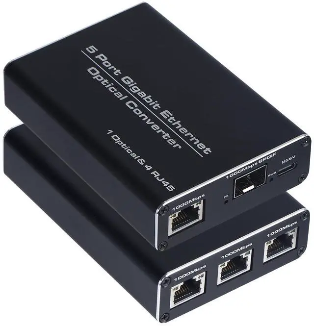Main image of A Pair of 5 Port Gigabit Ethernet Optical Converter, Fiber to Ethernet Converter has 4x10/100/1000 RJ45 Port and 1x1000 SFP Fiber Port