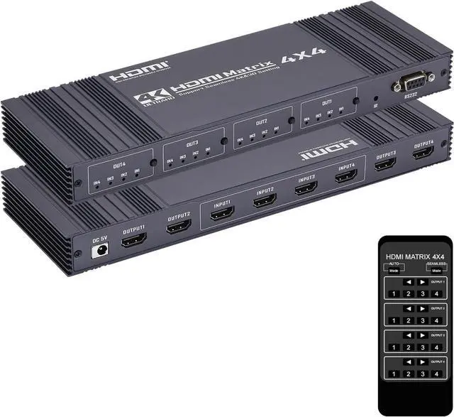Main image of HDMI Matrix Switch 4x4, 4K HDMI Matrix 4 in 4 Out Switch Splitter Box with IR Remote Control and 3 Control Mode, Support RS232 Control, Support Ultra 4K@30Hz, 3D, HDMI 1.4, HDCP 1.4