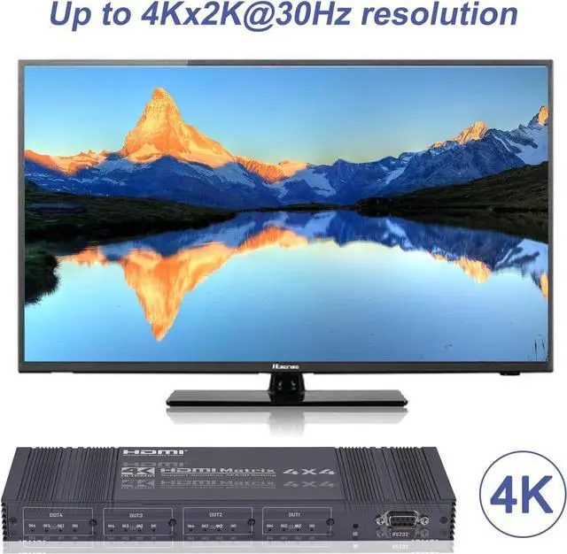 Alt view image 6 of 7 - HDMI Matrix Switch 4x4, 4K HDMI Matrix 4 in 4 Out Switch Splitter Box with IR Remote Control and 3 Control Mode, Support RS232 Control, Support Ultra 4K@30Hz, 3D, HDMI 1.4, HDCP 1.4