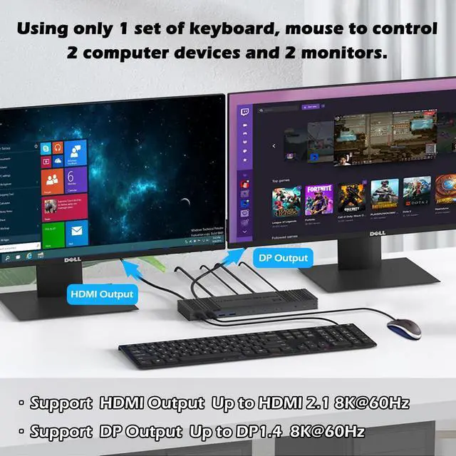 Alt view image 3 of 7 - 8K@60Hz HDMI + Displayport KVM Switch 2 Computers 2 Monitors, 4K@120Hz KVM Switcher for 2 PCs Share Dual Monitors and 4 USB 3.0 Devices for Keyboard, Mouse, Printer (IR Remote Control)