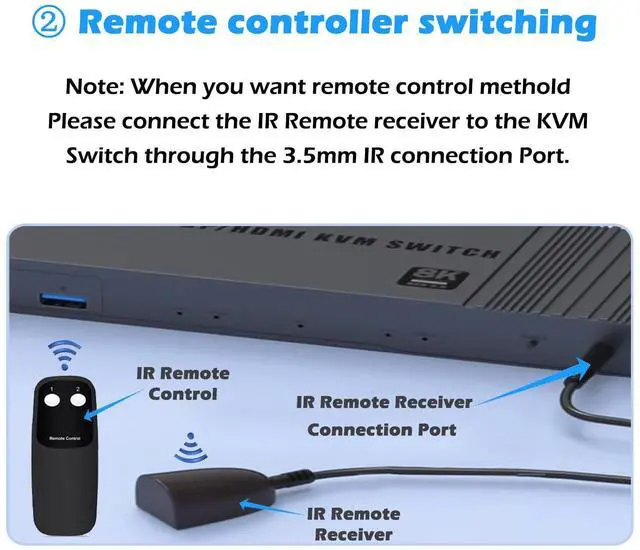Alt view image 6 of 7 - 8K@60Hz HDMI + Displayport KVM Switch 2 Computers 2 Monitors, 4K@120Hz KVM Switcher for 2 PCs Share Dual Monitors and 4 USB 3.0 Devices for Keyboard, Mouse, Printer (IR Remote Control)