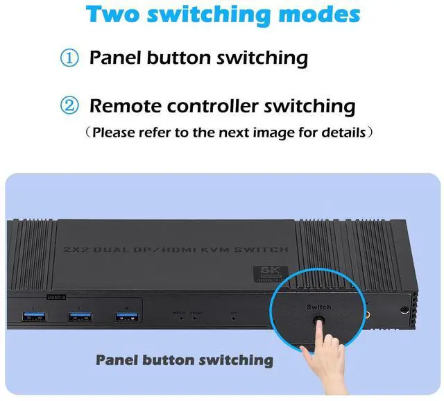 Alt view image 5 of 7 - 8K@60Hz HDMI + Displayport KVM Switch 2 Computers 2 Monitors, 4K@120Hz KVM Switcher for 2 PCs Share Dual Monitors and 4 USB 3.0 Devices for Keyboard, Mouse, Printer (IR Remote Control)