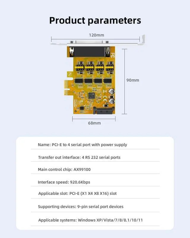 Alt view image 2 of 7 - 4-Port PCIe to RS232 Serial Port Expansion Card with 5V/12V Power Supply - 9-Pin COM Port Adapter 1-to-4 Multi-Port RS232 Card for Industrial Control, Automation, and Legacy Devices