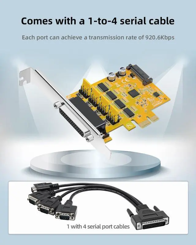 Alt view image 5 of 7 - 4-Port PCIe to RS232 Serial Port Expansion Card with 5V/12V Power Supply - 9-Pin COM Port Adapter 1-to-4 Multi-Port RS232 Card for Industrial Control, Automation, and Legacy Devices