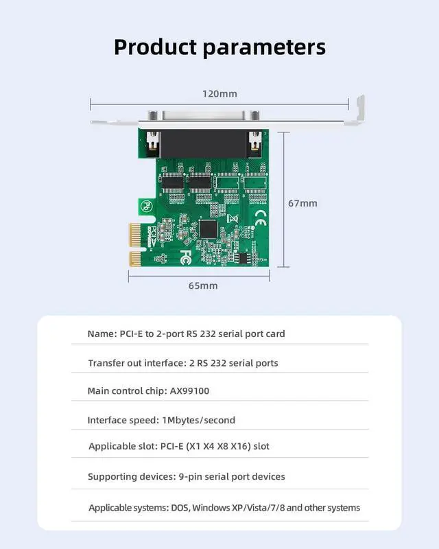 Alt view image 2 of 7 - PCIe to Dual RS232 Serial Port Card with DB9 Connectors - 2-Port COM Expansion Card for Industrial PCs, Desktop Computers, and 9-Pin Multi-Serial Adapter