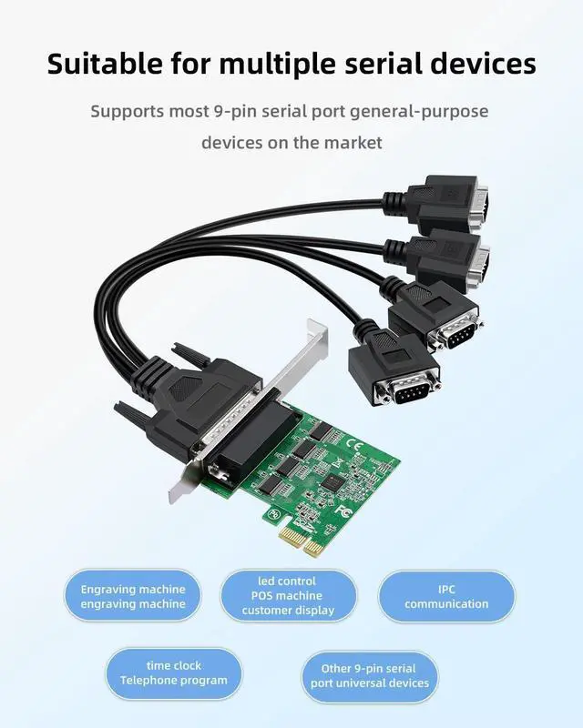 Alt view image 6 of 7 - PCIe to 4 Port RS232 Serial Expansion Card - 9-Pin DB9 COM Port Adapter for Industrial PCs, 4X RS232 Ports Converter with Plug and Play, Support Windows/Linux