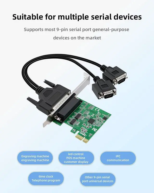 Alt view image 6 of 7 - PCIe to Dual RS232 Serial Port Card with DB9 Connectors - 2-Port COM Expansion Card for Industrial PCs, Desktop Computers, and 9-Pin Multi-Serial Adapter