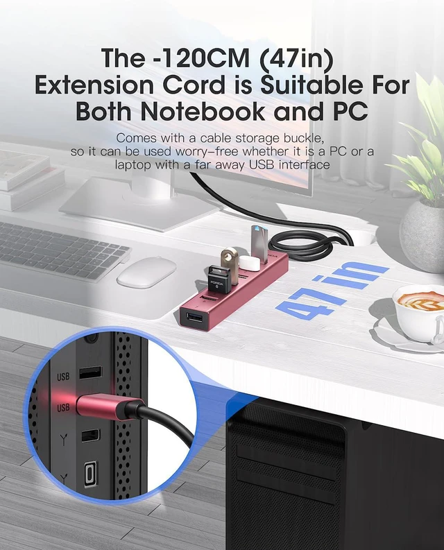 Alt view image 2 of 7 - USB Hub Long Cable, 8 Ports USB 3.0 Splitter with 7 USB 3.0 Data Ports,Multiport Adapter with Type C 5V/3A Power Port, 47IN/120CM Main Cable for Laptop PC and More