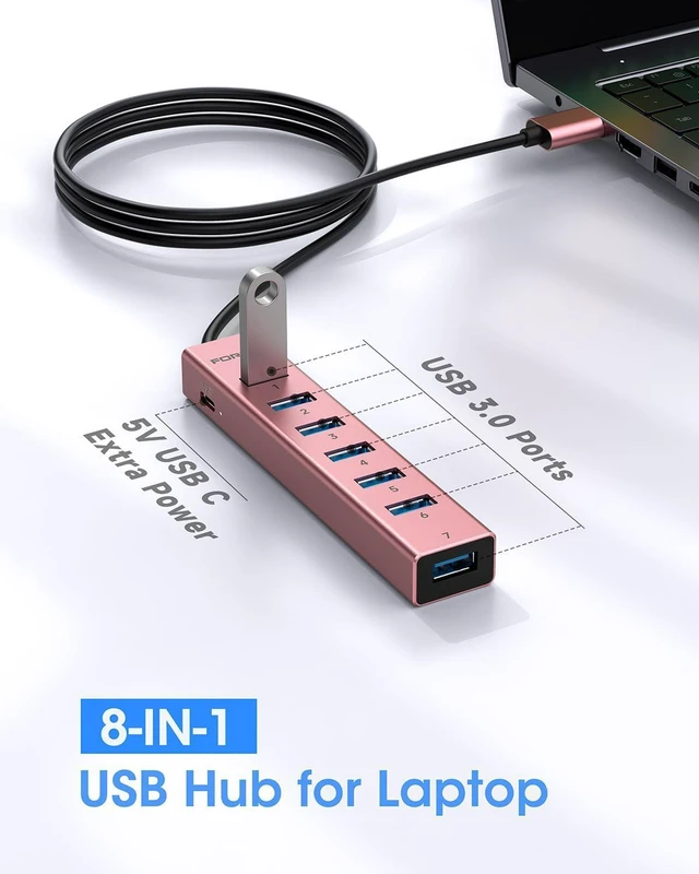 Alt view image 4 of 7 - USB Hub Long Cable, 8 Ports USB 3.0 Splitter with 7 USB 3.0 Data Ports,Multiport Adapter with Type C 5V/3A Power Port, 47IN/120CM Main Cable for Laptop PC and More