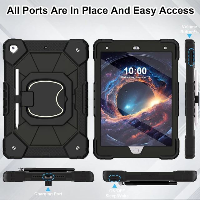 Alt view image 5 of 7 - Case for iPad 9th/8th/7th Generation 10.2 Inch (2021/2020/2019),Full-Body Drop Protection 9th Generation iPad Case with Rotating Stand Screen Protector Pencil Holder Holde,Black