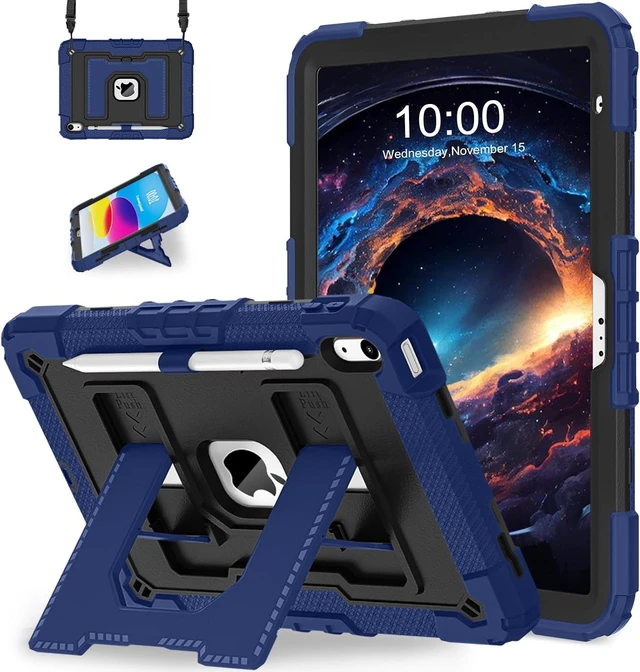 Main image of Case for iPad A16 11th/10th Generation 2025/2022 with Pencil Holder Shoulder Strap iPad Case 10th Generation Shockproof Cover for iPad 11th/10th Gen Cases,Navy Black