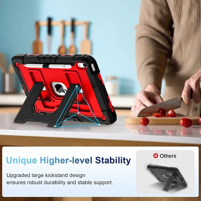 Alt view image 3 of 7 - Case for iPad A16 11th Generation 11 Inch (2025) iPad 10th Generation 10.9 Inch (2022),i Pad A16 Case Military Grade Shockproof Cases with Pencil Holder Shoulder Strap,Black Red