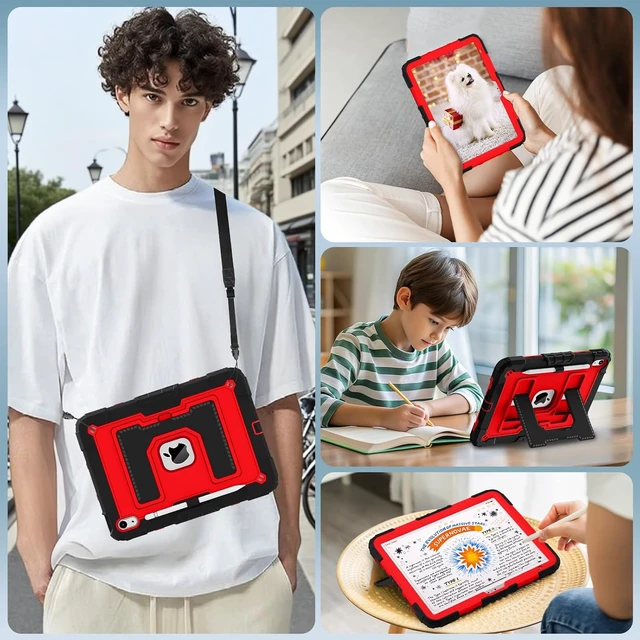 Alt view image 4 of 7 - Case for iPad A16 11th Generation 11 Inch (2025) iPad 10th Generation 10.9 Inch (2022),i Pad A16 Case Military Grade Shockproof Cases with Pencil Holder Shoulder Strap,Black Red