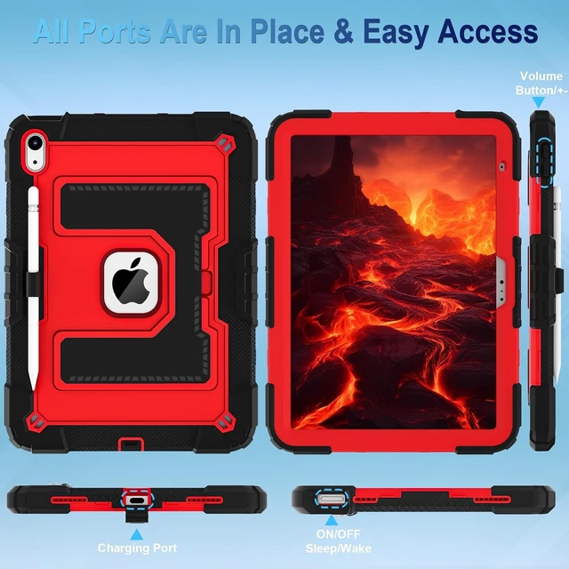 Alt view image 5 of 7 - Case for iPad A16 11th Generation 11 Inch (2025) iPad 10th Generation 10.9 Inch (2022),i Pad A16 Case Military Grade Shockproof Cases with Pencil Holder Shoulder Strap,Black Red