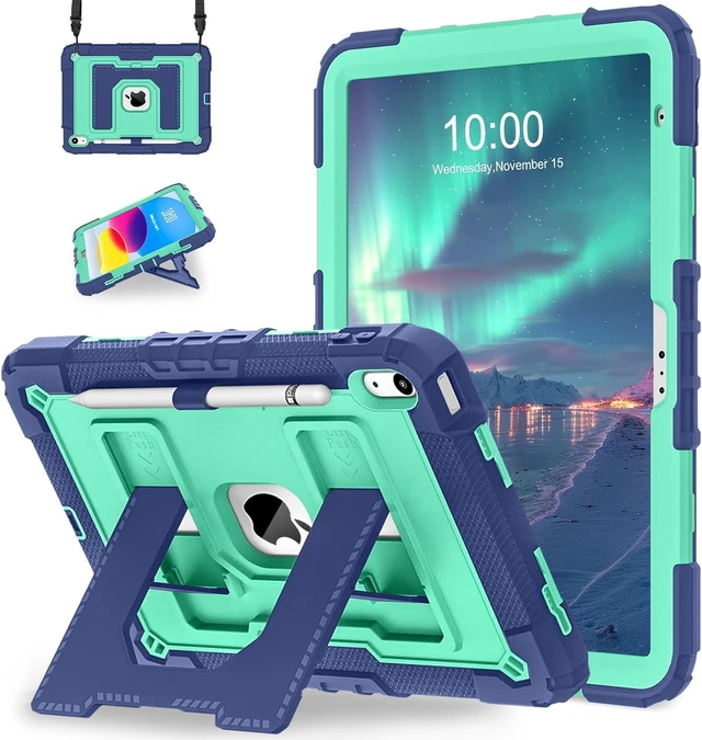Main image of Case for iPad A16 11th Generation 11 Inch (2025) iPad 10th Generation 10.9 Inch (2022),i Pad A16 Case Military Grade Shockproof Cases with Pencil Holder Shoulder Strap,Navy Mint