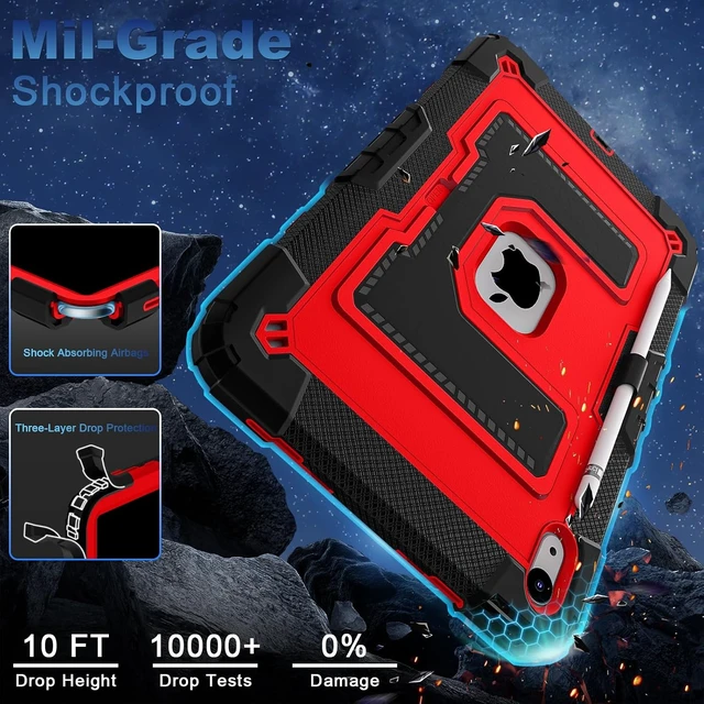 Alt view image 6 of 7 - Case for iPad A16 11th Generation 11 Inch (2025) iPad 10th Generation 10.9 Inch (2022),i Pad A16 Case Military Grade Shockproof Cases with Pencil Holder Shoulder Strap,Black Red