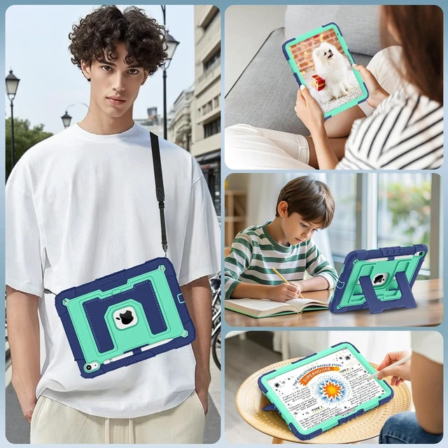 Alt view image 4 of 7 - Case for iPad A16 11th Generation 11 Inch (2025) iPad 10th Generation 10.9 Inch (2022),i Pad A16 Case Military Grade Shockproof Cases with Pencil Holder Shoulder Strap,Navy Mint