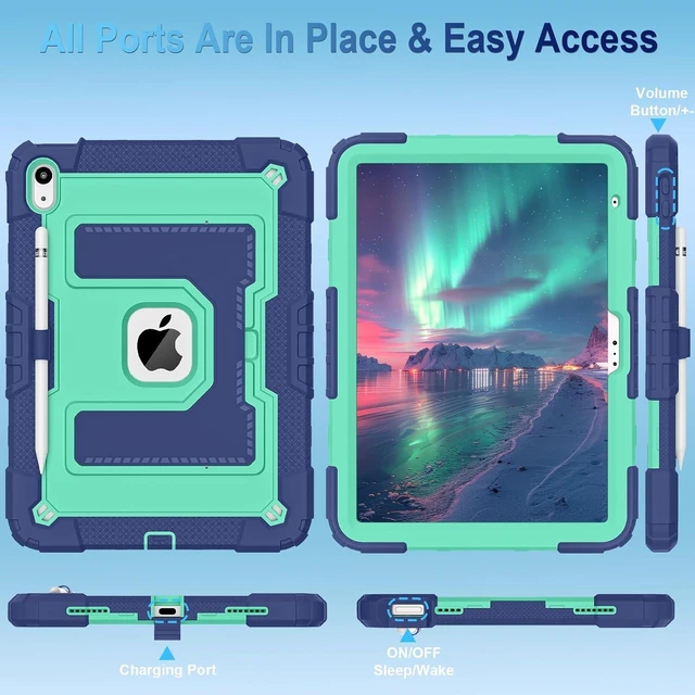 Alt view image 5 of 7 - Case for iPad A16 11th Generation 11 Inch (2025) iPad 10th Generation 10.9 Inch (2022),i Pad A16 Case Military Grade Shockproof Cases with Pencil Holder Shoulder Strap,Navy Mint
