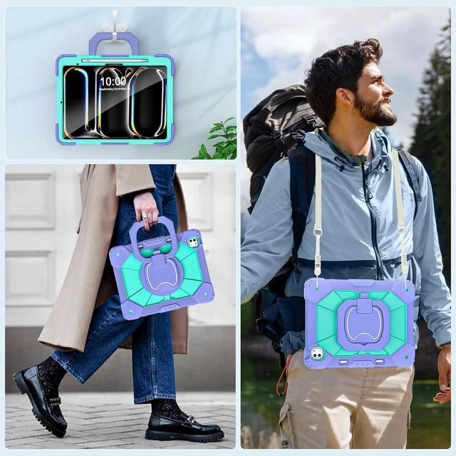 Alt view image 4 of 6 - for iPad Pro 13 Inch Case M5 2025/M4 2024 (7th Gen) with Screen Protector/360° Rotating Stand/Pencil Holder/Shoulder Strap,Military Grade Shockproof iPad Case 13 Inch Pro M5/M4,Purple Green