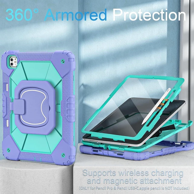Alt view image 5 of 6 - for iPad Pro 13 Inch Case M5 2025/M4 2024 (7th Gen) with Screen Protector/360° Rotating Stand/Pencil Holder/Shoulder Strap,Military Grade Shockproof iPad Case 13 Inch Pro M5/M4,Purple Green
