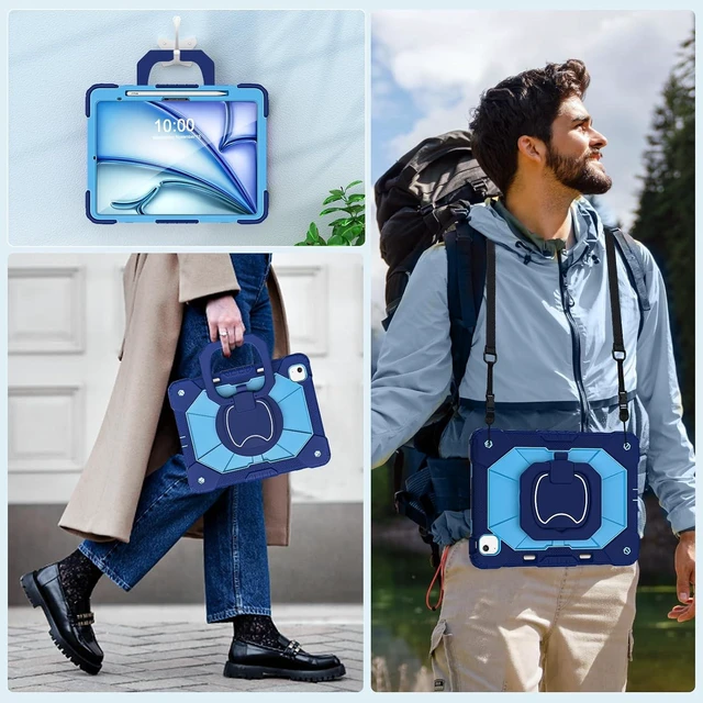 Alt view image 5 of 6 - Cases for iPad Air 13 Inch (M4/M3/M2) 2026/2025/2024 with Screen Protector/360° Rotating Stand/Pencil Holder/Shoulder Strap,Military Grade Shockproof Cover for iPad Air Case 13 Inch, Navy Blue