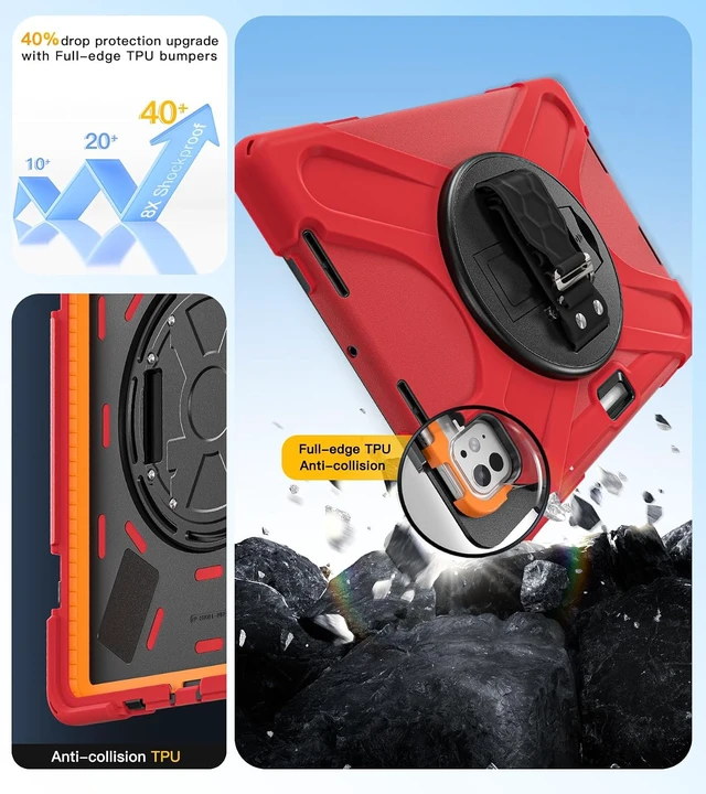 Alt view image 3 of 7 - Case for iPad Pro 11 inch M5 2025 & M4 2024, 4 Layers Heavy Duty Full-Body Protection Screen Protector Pencil Holder, 360° Rotating Handle Kickstand, Shoulder Strap Kids Friendly