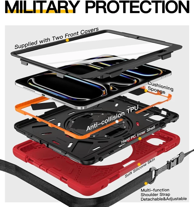 Alt view image 6 of 7 - Case for iPad Pro 11 inch M5 2025 & M4 2024, 4 Layers Heavy Duty Full-Body Protection Screen Protector Pencil Holder, 360° Rotating Handle Kickstand, Shoulder Strap Kids Friendly