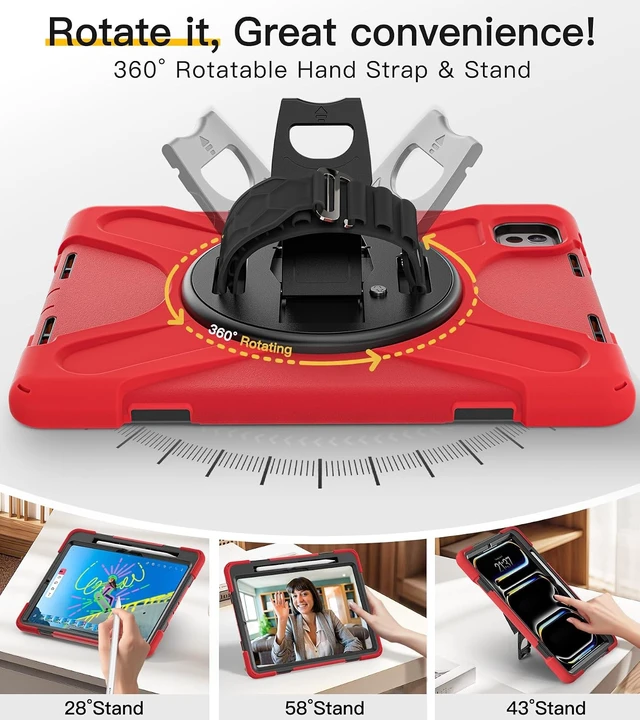Alt view image 4 of 7 - Case for iPad Pro 11 inch M5 2025 & M4 2024, 4 Layers Heavy Duty Full-Body Protection Screen Protector Pencil Holder, 360° Rotating Handle Kickstand, Shoulder Strap Kids Friendly