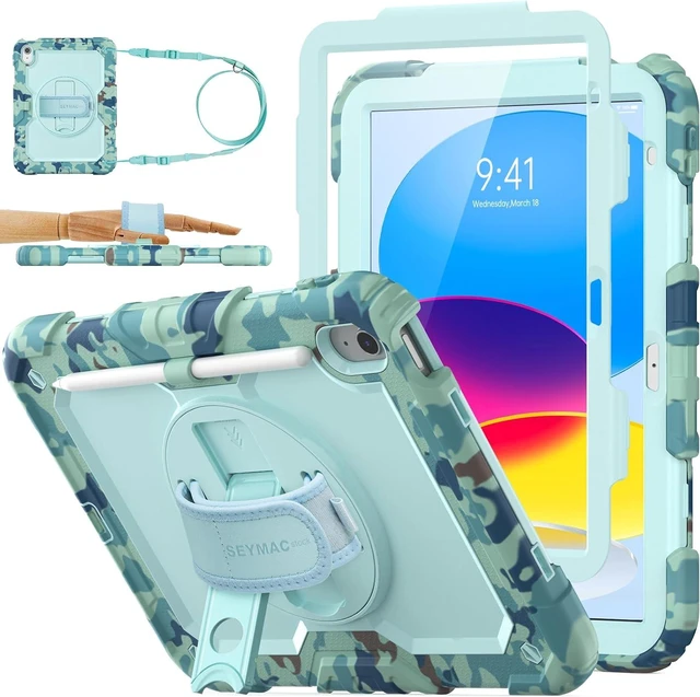 Main image of Case for iPad (A16) 11th/10th Generation 11''/10.9'' 2025/2022, Full-Body Drop Protection Case with Screen Protector &360° Rotate Hand Strap/Stand, SkyBlue Camo