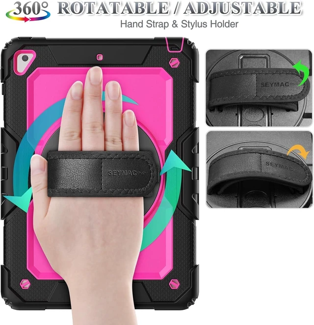 Alt view image 3 of 7 - Case for iPad 6th / 5th Generation Case/Air 2 / Pro 9.7 inch, Heavy Duty Protective with Screen Protector, with Pencil Holder, Hand Strap, Shoulder Strap, 360 Rotate Stand, Pink+Black