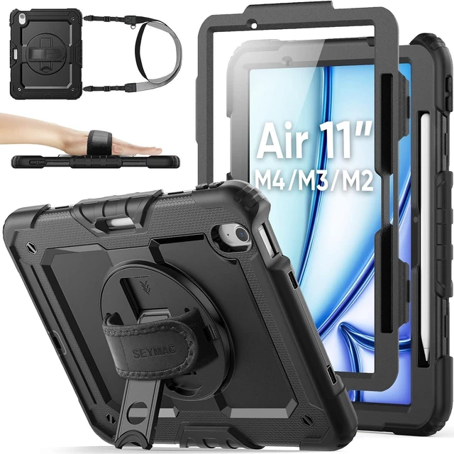 Main image of Case for iPad Air 11-inch M4-M2 2026-2024 (Gen 8-6), Shockproof Heavy Duty Case with Screen Protector, Pencil Holder, Rotating Stand, Hand Strap, Shoulder Strap, Black