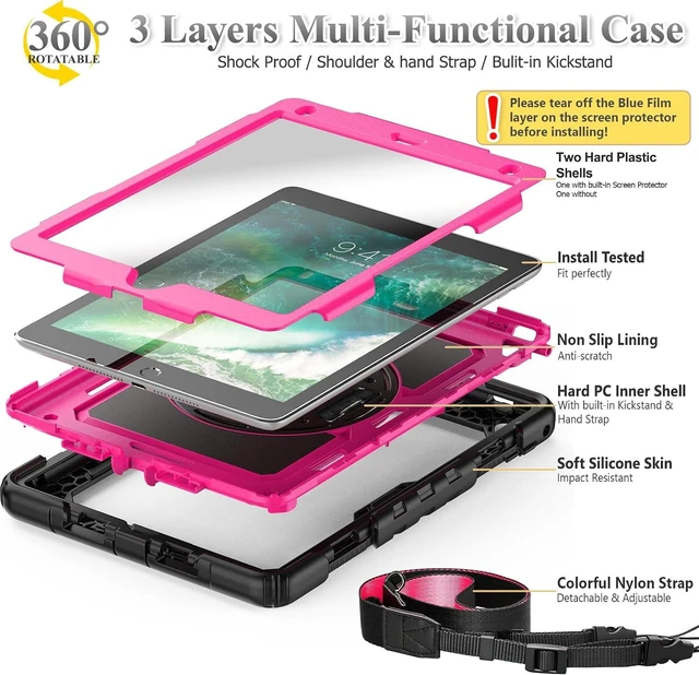 Alt view image 6 of 7 - Case for iPad 6th / 5th Generation Case/Air 2 / Pro 9.7 inch, Heavy Duty Protective with Screen Protector, with Pencil Holder, Hand Strap, Shoulder Strap, 360 Rotate Stand, Pink+Black