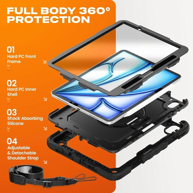 Alt view image 5 of 7 - Case for iPad Air 11-inch M4-M2 2026-2024 (Gen 8-6), Shockproof Heavy Duty Case with Screen Protector, Pencil Holder, Rotating Stand, Hand Strap, Shoulder Strap, Black