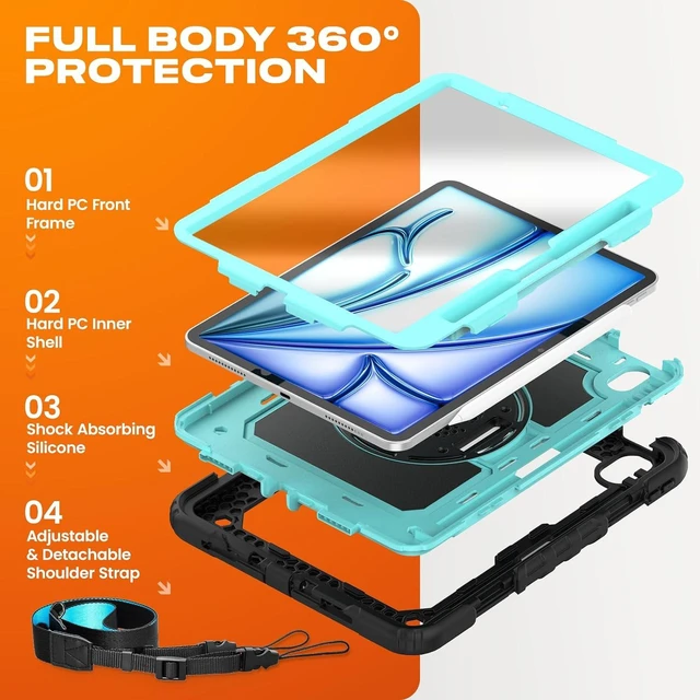 Alt view image 5 of 7 - Case for iPad Air 11-inch M4-M2 2026-2024 (Gen 8-6), Shockproof Heavy Duty Case with Screen Protector, Pencil Holder, Rotating Stand, Hand Strap, Shoulder Strap, SkyBlue