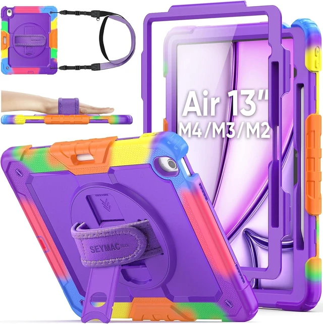 Main image of Case for iPad Air 13-inch M4-M2 2026-2024 (Gen 8-6), Shockproof Heavy Duty Case with Screen Protector, Pencil Holder, Rotating Stand, Hand Strap, Shoulder Strap, Purple