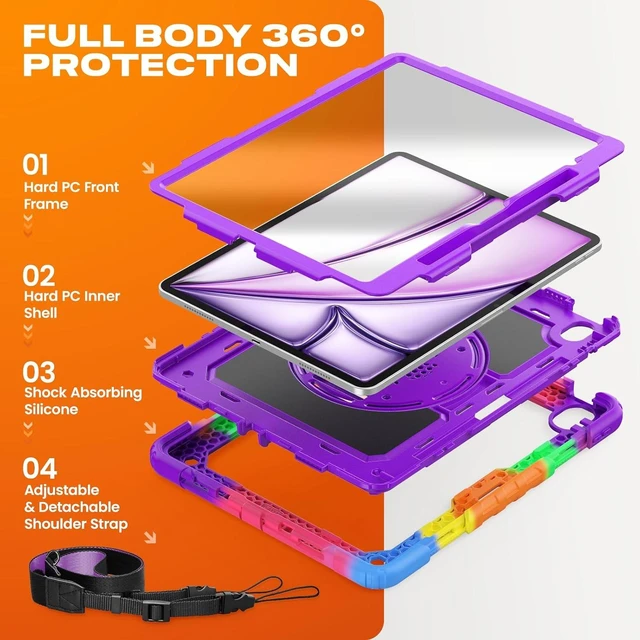 Alt view image 5 of 7 - Case for iPad Air 13-inch M4-M2 2026-2024 (Gen 8-6), Shockproof Heavy Duty Case with Screen Protector, Pencil Holder, Rotating Stand, Hand Strap, Shoulder Strap, Purple