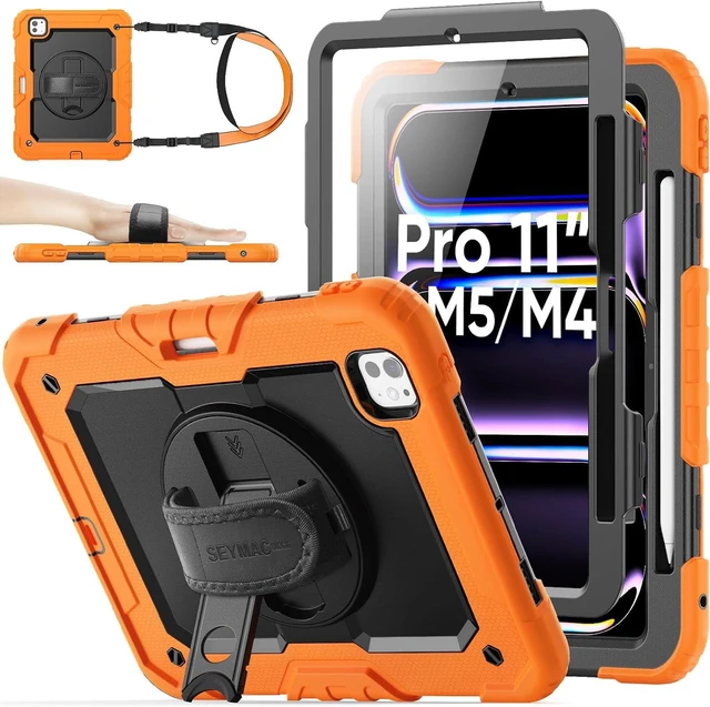 Main image of Case for iPad Pro 11-inch M5-M4 2025-2024, Shockproof Heavy Duty Case with Screen Protector, Pencil Holder, Rotating Stand, Hand Strap, Shoulder Strap, Orange