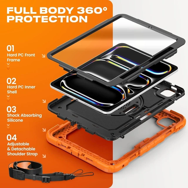 Alt view image 5 of 7 - Case for iPad Pro 11-inch M5-M4 2025-2024, Shockproof Heavy Duty Case with Screen Protector, Pencil Holder, Rotating Stand, Hand Strap, Shoulder Strap, Orange