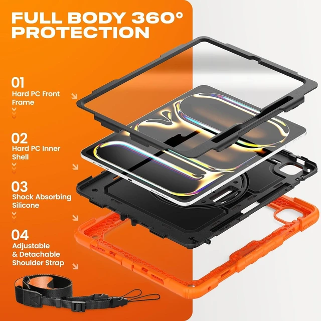 Alt view image 5 of 7 - Case for iPad Pro 13-inch M5-M4 2025-2024, Shockproof Heavy Duty Case with Screen Protector, Pencil Holder, Rotating Stand, Hand Strap, Shoulder Strap, Orange