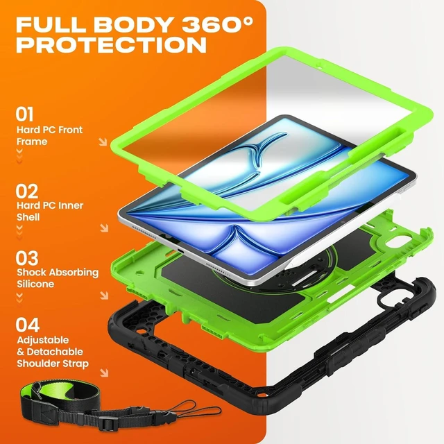 Alt view image 5 of 7 - Case for iPad Air 11-inch M4-M2 2026-2024 (Gen 8-6), Shockproof Heavy Duty Case with Screen Protector, Pencil Holder, Rotating Stand, Hand Strap, Shoulder Strap, Green
