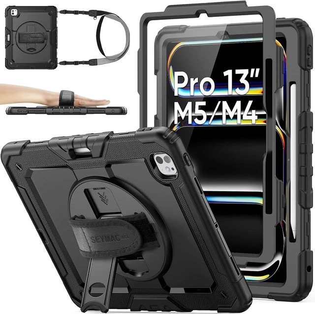 Main image of Case for iPad Pro 13-inch M5-M4 2025-2024, Shockproof Heavy Duty Case with Screen Protector, Pencil Holder, Rotating Stand, Hand Strap, Shoulder Strap, Black