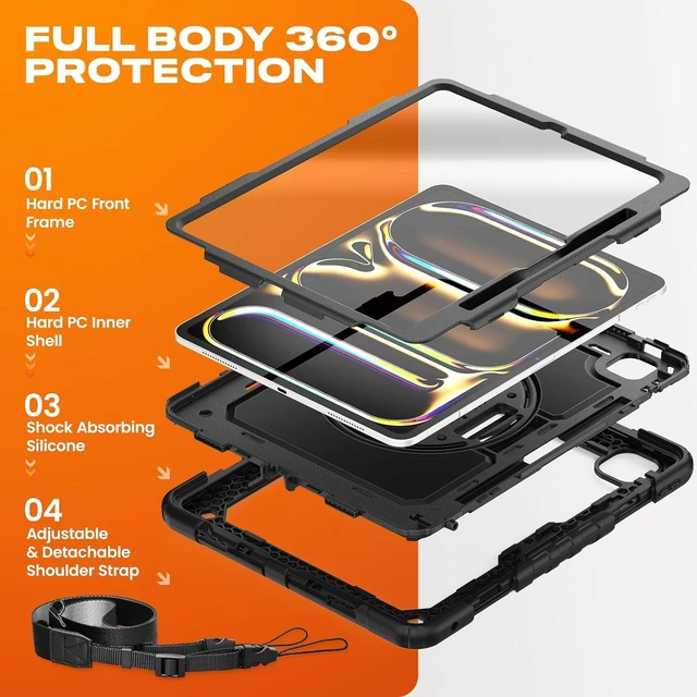 Alt view image 5 of 7 - Case for iPad Pro 13-inch M5-M4 2025-2024, Shockproof Heavy Duty Case with Screen Protector, Pencil Holder, Rotating Stand, Hand Strap, Shoulder Strap, Black