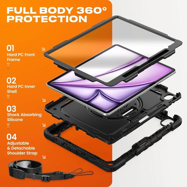 Alt view image 5 of 7 - Case for iPad Air 13-inch M4-M2 2026-2024 (Gen 8-6), Shockproof Heavy Duty Case with Screen Protector, Pencil Holder, Rotating Stand, Hand Strap, Shoulder Strap, Black
